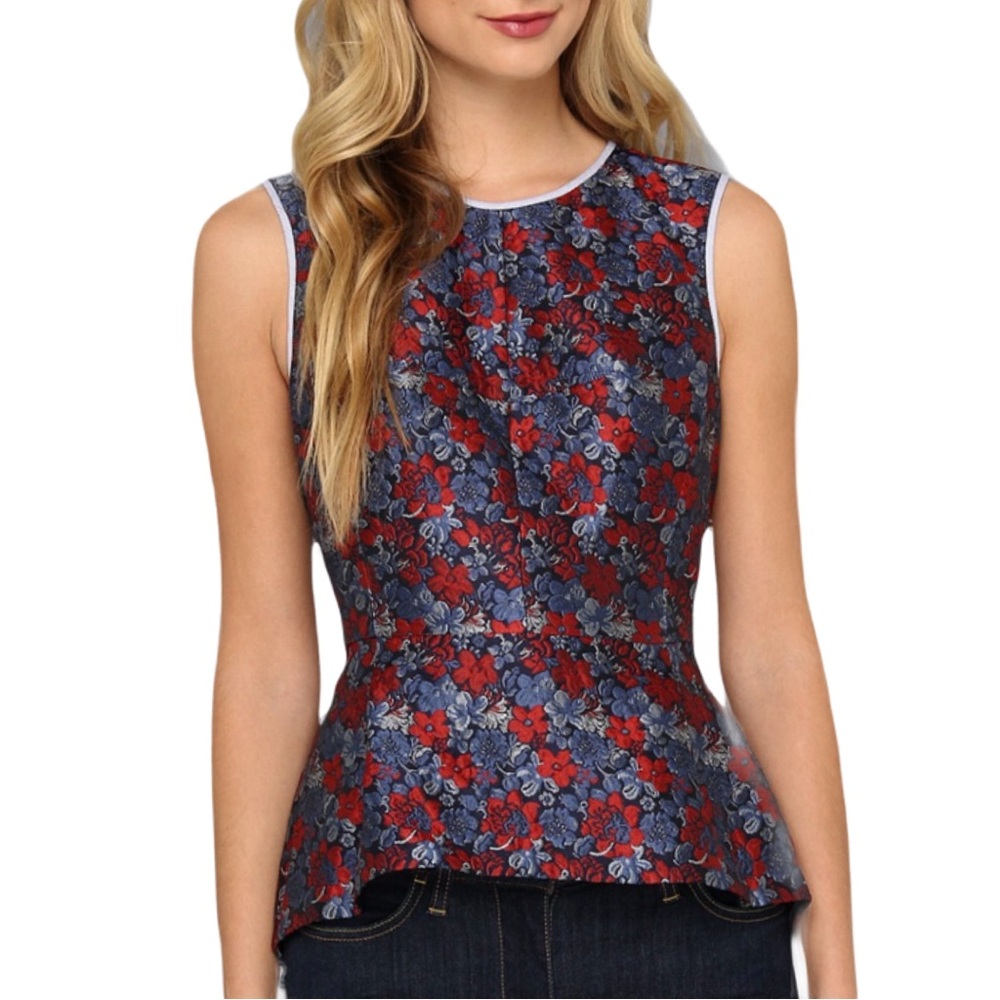 BCBGMaxAzria Red and Blue Floral Peplum Sleeveless Top